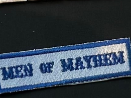 Men Of Mayhem Blue On White Bikers Club Embroidered Iron On Patch