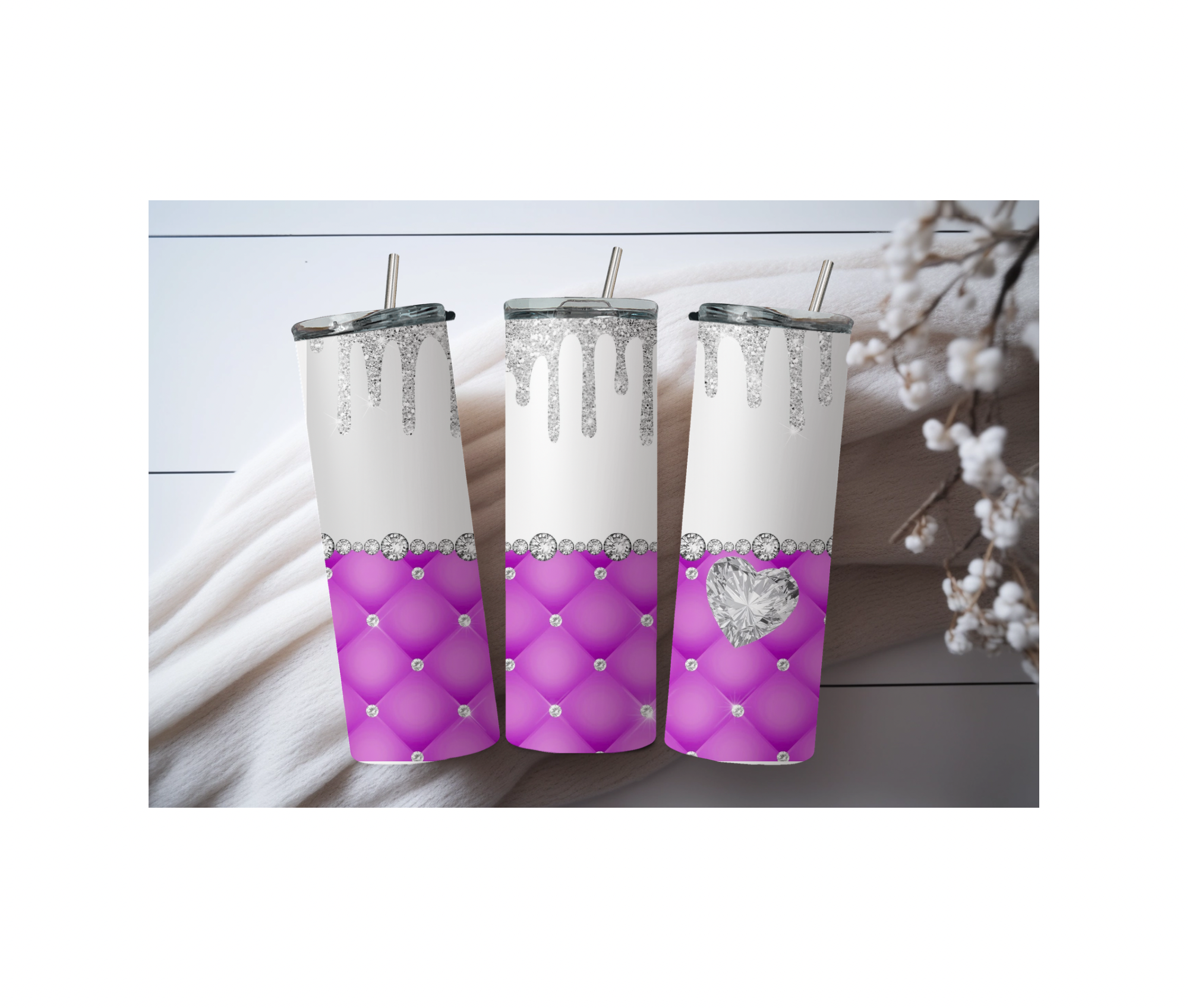 20 oz Pink Diamond Glitter Skinny Sublimated Tumbler